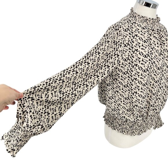 THML Brush Animal Print Smocked Ruffle Blouse Ivory Black Size Medium - Picture 3 of 12